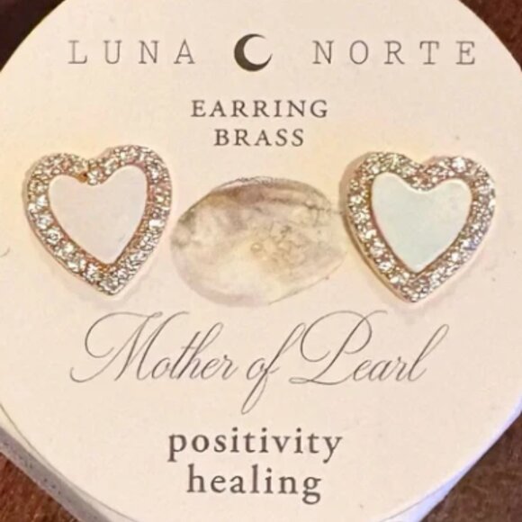 NWT Luna Norte Mother of Pearl Heart Studs with Banded Calcite Box Case & Pouch - Picture 4 of 11